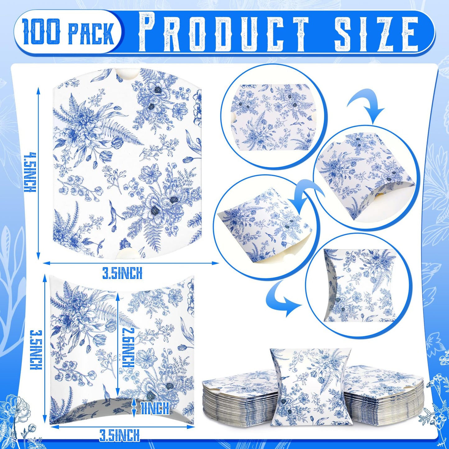 Moinchore 100 Pcs Blue Floral Pillow Boxes Kraft Paper Pillow Gift Boxes Candy Wedding Party Favors Blue Floral Candy Decor for Wedding Baby Bridal Shower Birthday Party Supplies