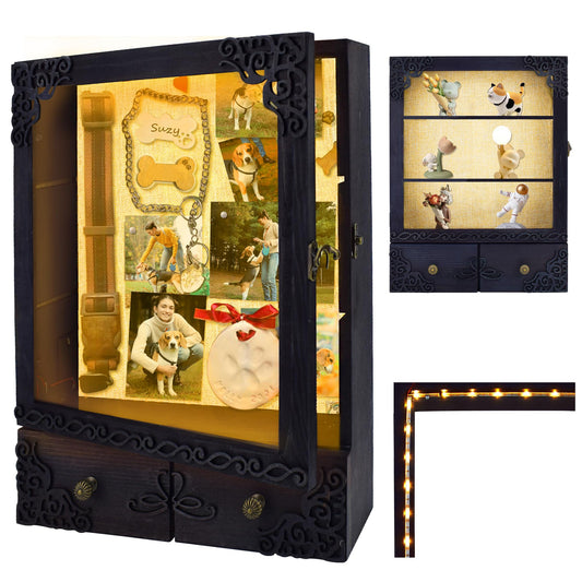 KWYADLUO 11x16 Shadow Box Frame with Light, Memorial Display Case with Shelves, Drawer and Slot for Keepsakes, Deep Memorial Shadow Box for Pet Memorial, Dog Keepsakes and Flowers, Black