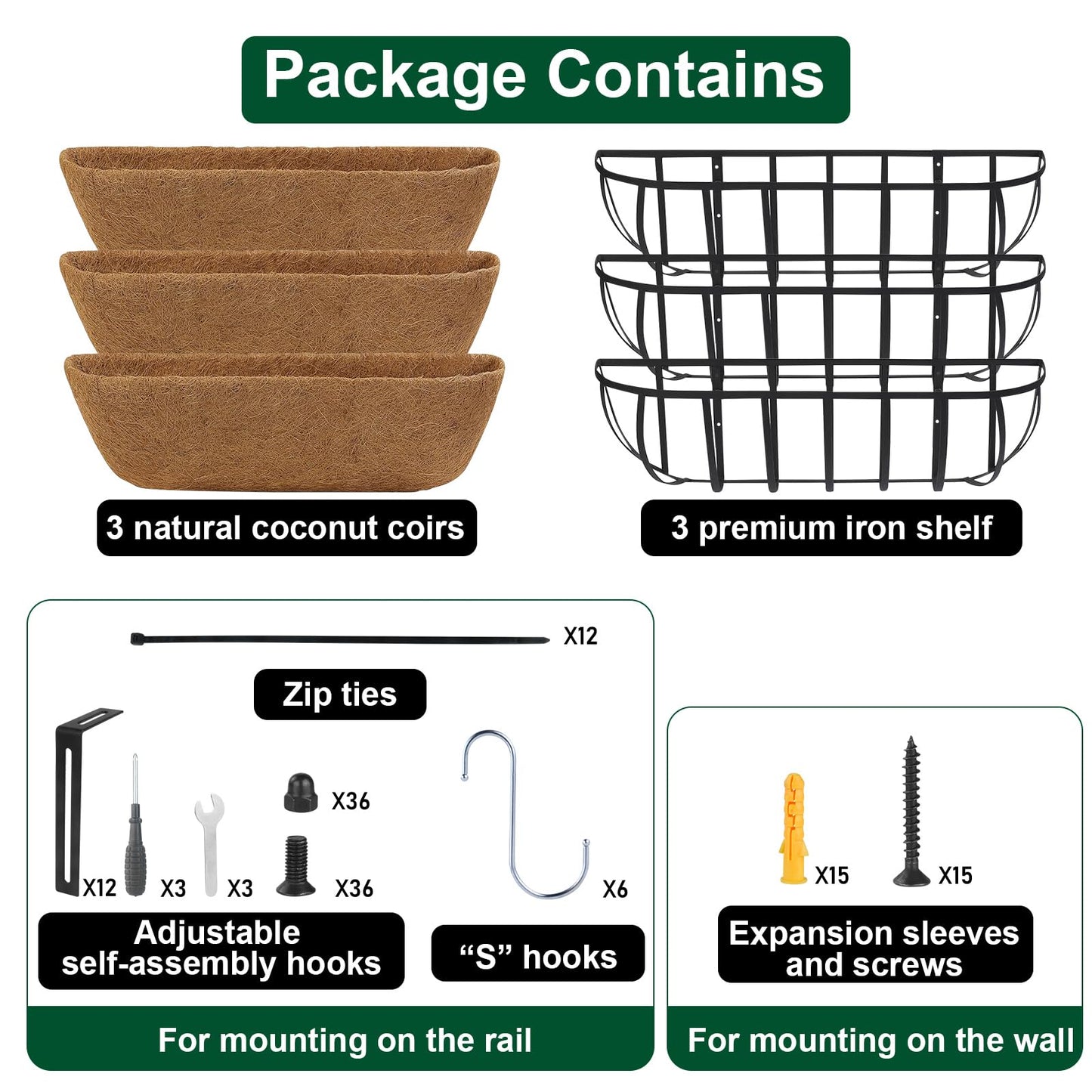 DUNCHATY 24 Inch Railing Planter Box 3 Pack - Metal Window Flower Box with Coco Coir Liner & Adjustable Hooks for Deck Balcony Porch Fence - Outdoor Horse Trough Planter for Herbs & Flowers