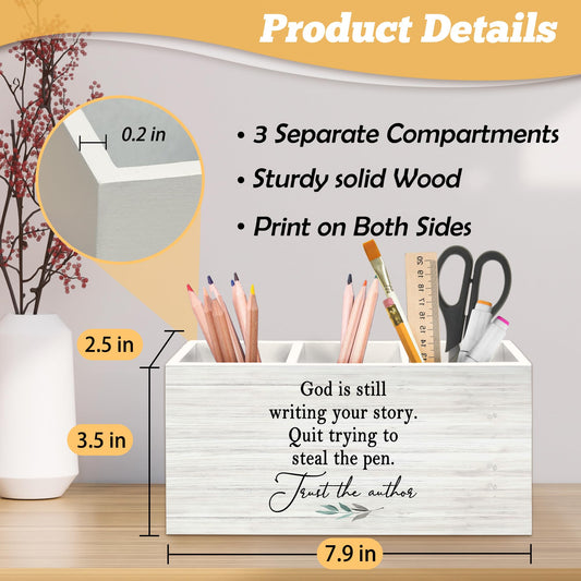 Yjeslw Christian Pen Holder Organizer for Desk Accessories, God Is Still Writing Your Story Bible Verse Wooden Box Sign Desk Decorations for Home Office Decor, Inspirational Gifts for Women