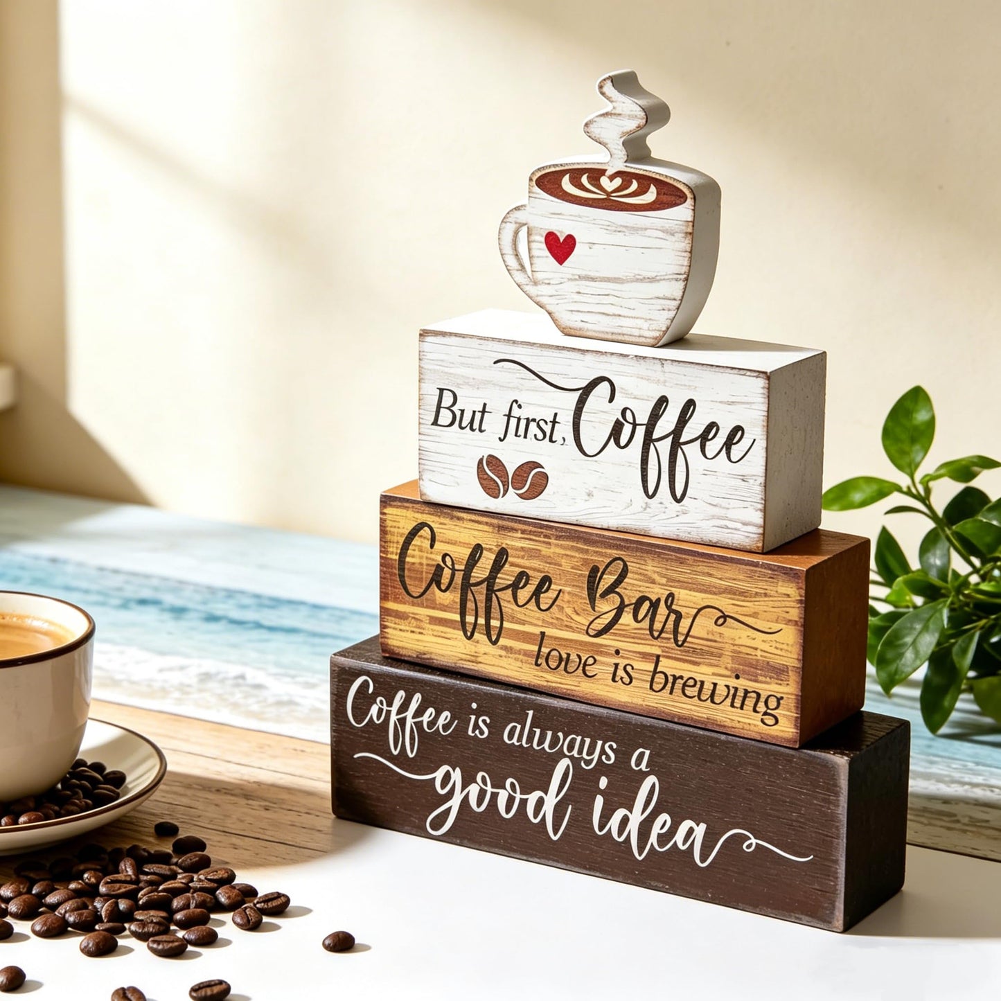 4 Pcs Wooden Coffee Bar Decorations Rustic Coffee Bar Signs for Tiered Tray Farmhouse Coffee Station Table Centerpiece Wood Bar Sign Gift Set Farmhouse Decor for Home Kitchen Tabletop