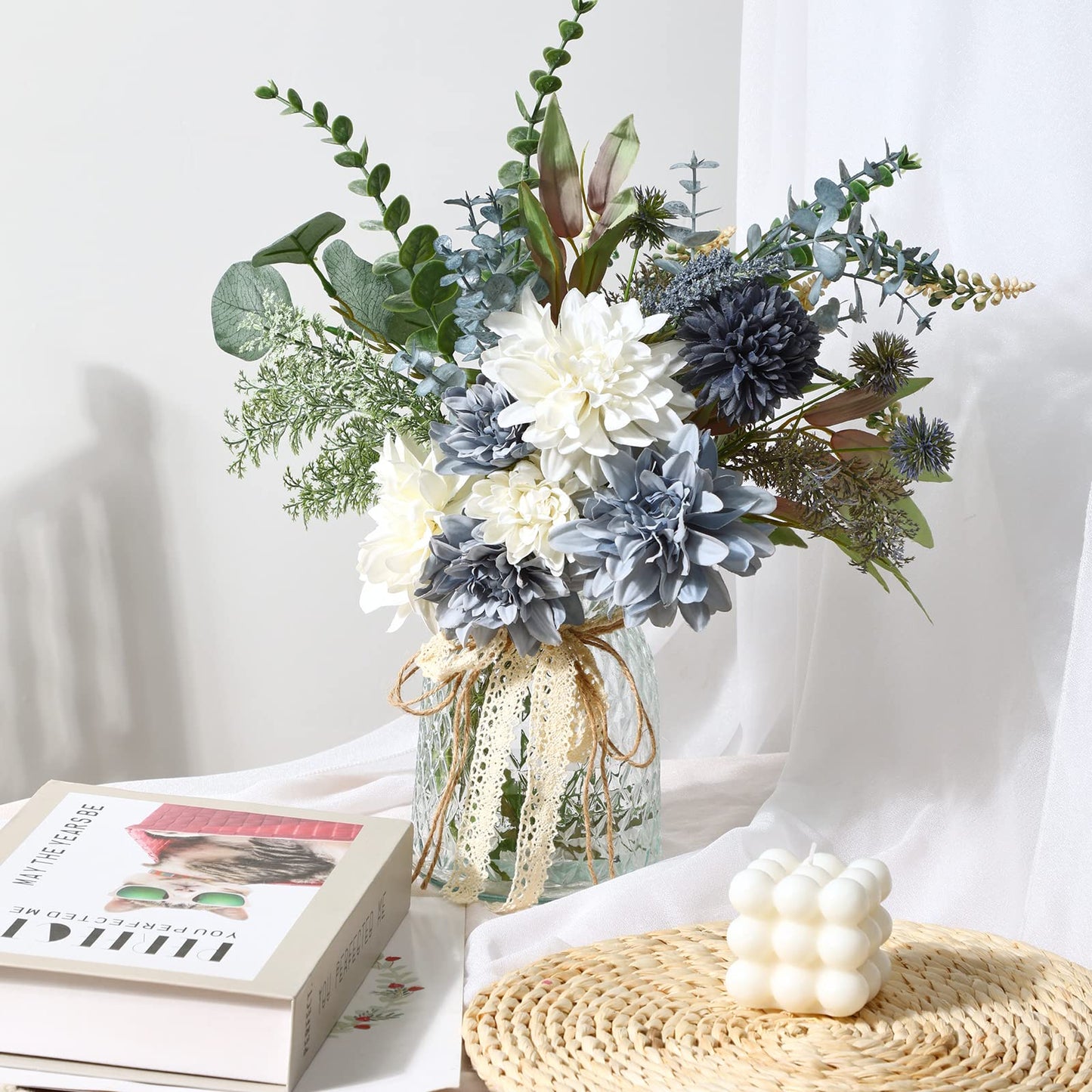 CEWOR Fake Flowers in Vase, Artificial Flowers Arrangement in Vase, Fake Floral Table Centerpieces Decor for Kitchen Farmhouse Coffee Table Living Room Bathroom Plant Decor