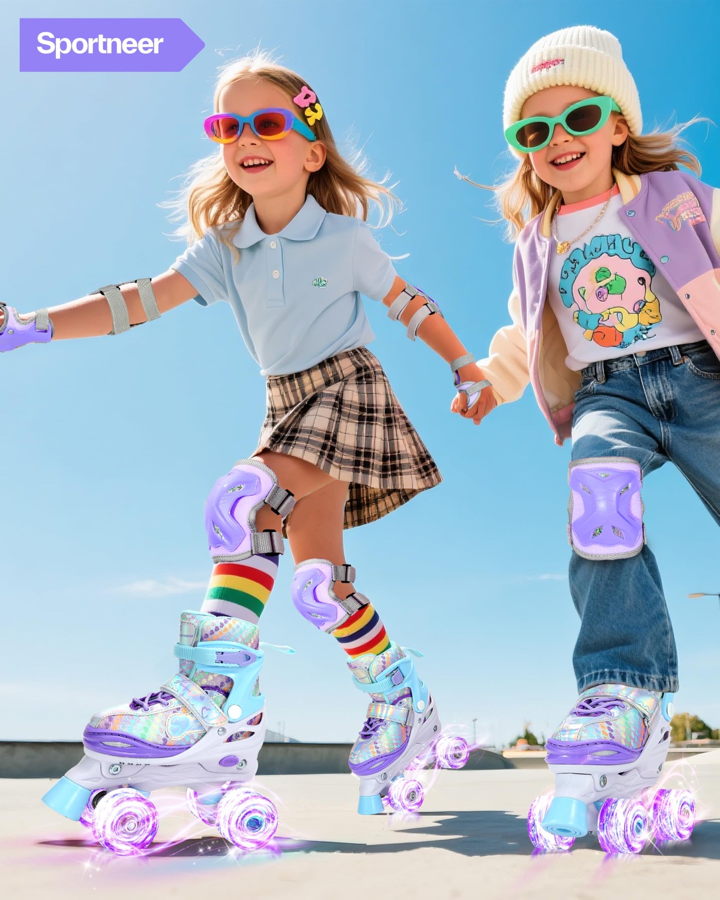 Sportneer Adjustable Kids Roller Skates with Light Up Wheels, 4 Sizes Fit for Girls Boys Ages 5–12, Fun Outdoor Indoor Quad Skates for Beginners, Safe Gift Set with Protective Gear Included