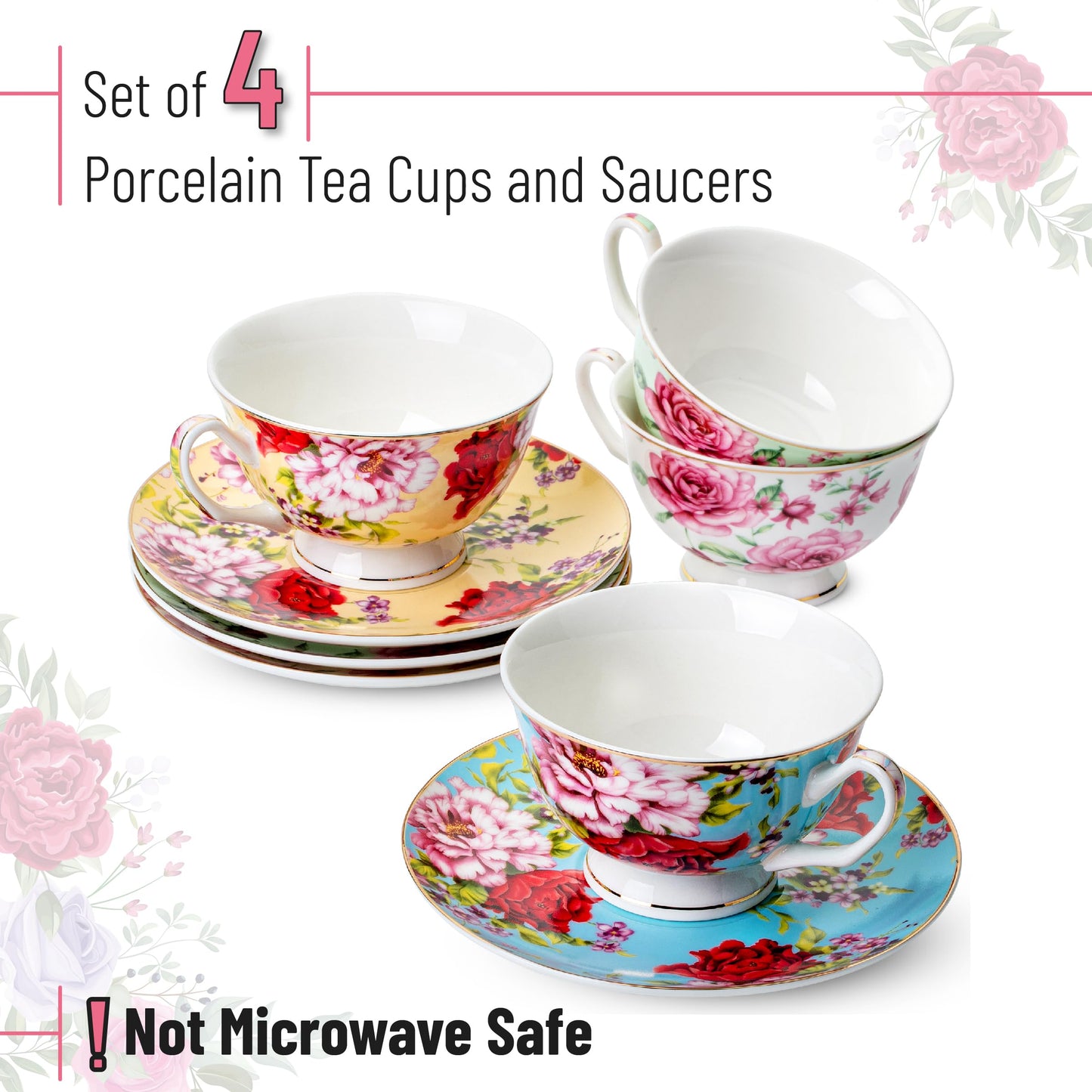 BTaT- Floral Tea Cups and Saucers Set of 4 (8 oz), Porcelain Tea Cup Sets with Gold Trim & Gift Box, Dishwasher & Freezer Safe, Mothers Day Gift