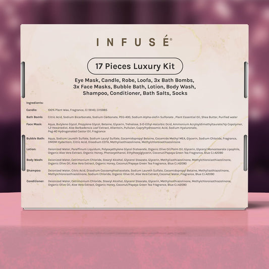 INFUSÉ 17-Piece Spa Gift Box for Women | Mother’s Day & Graduation Gift | Eye Mask, Candle, Robe, Loofa, Bath Bombs, Face Masks, Bubble Bath, Lotion, Body Wash, Bath Salt, Shampoo, Conditioner & Socks