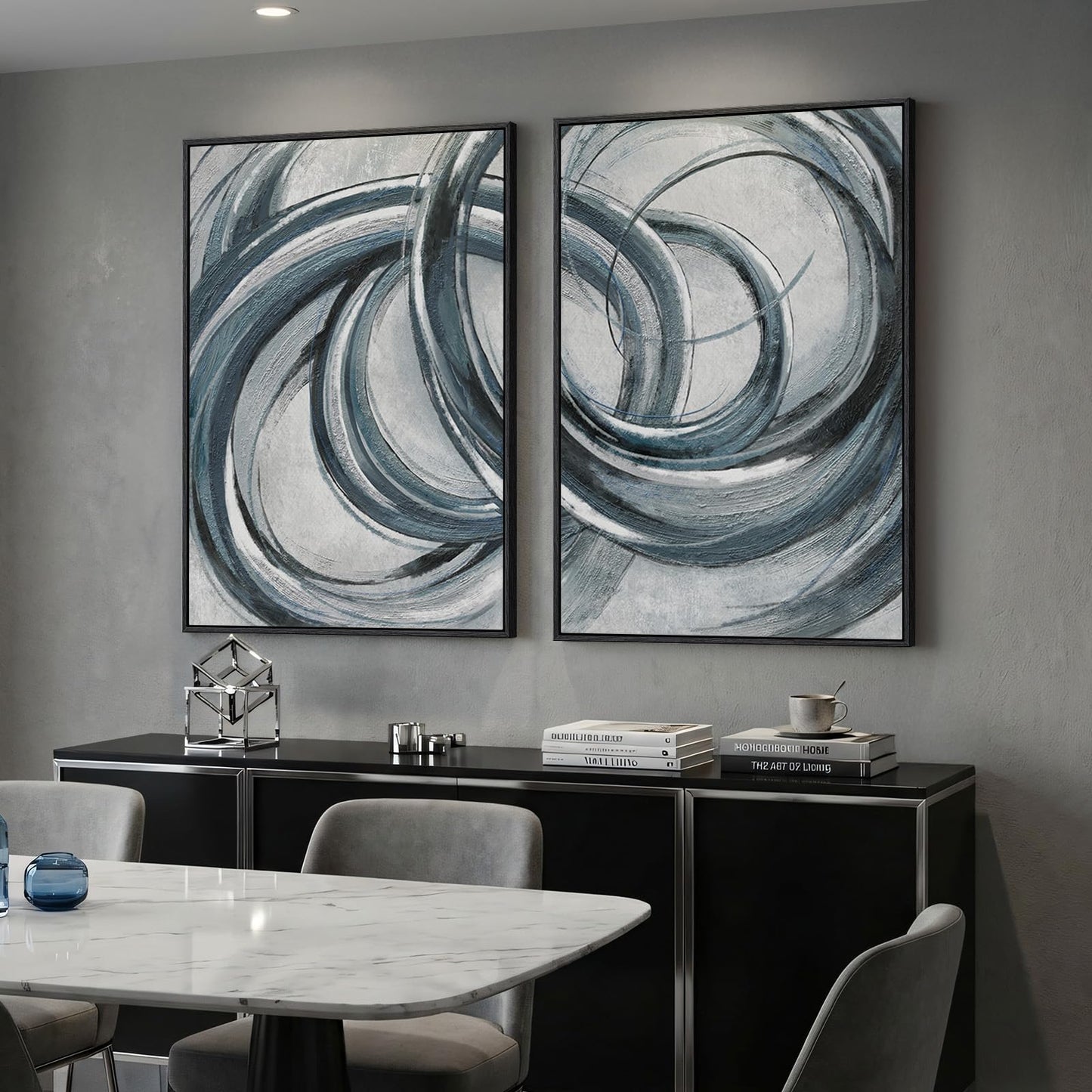Framed Blue Gray Abstract Wall Art Set of 2, Modern Circle Line Canvas Artwork for Walls, Contemporary Abstract Paintings Prints for Living Room Bedroom Office Hallway Wall Decor, 24x36 In