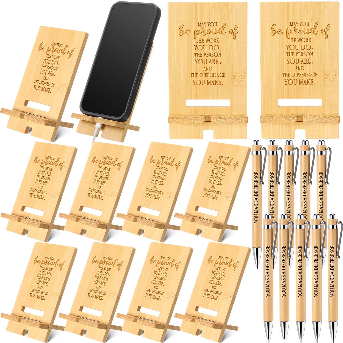 Ripeng 10 Sets Employee Appreciation Gifts Bulk Bamboo Phone Stands with Ballpoint Pens for Desk Office Workers Thank You Gift for Team Coworkers Staff Volunteer Teacher Colleagues (Proud)