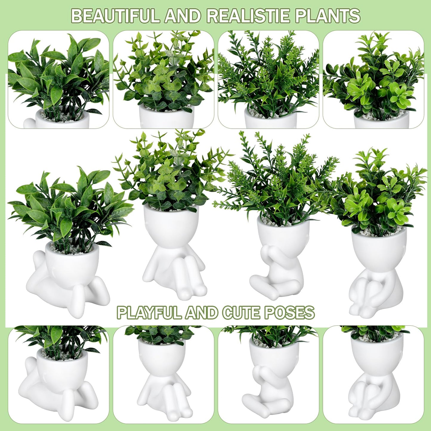 Tigeen 4 Packs Creative Fake Plants in Playful Human Shaped Pots Vase Cute Desk Decor Mini Artificial Greenery Positive Office Gifts Small Fake Plants for Desk Shelves Tabletop Modern Home Decoration