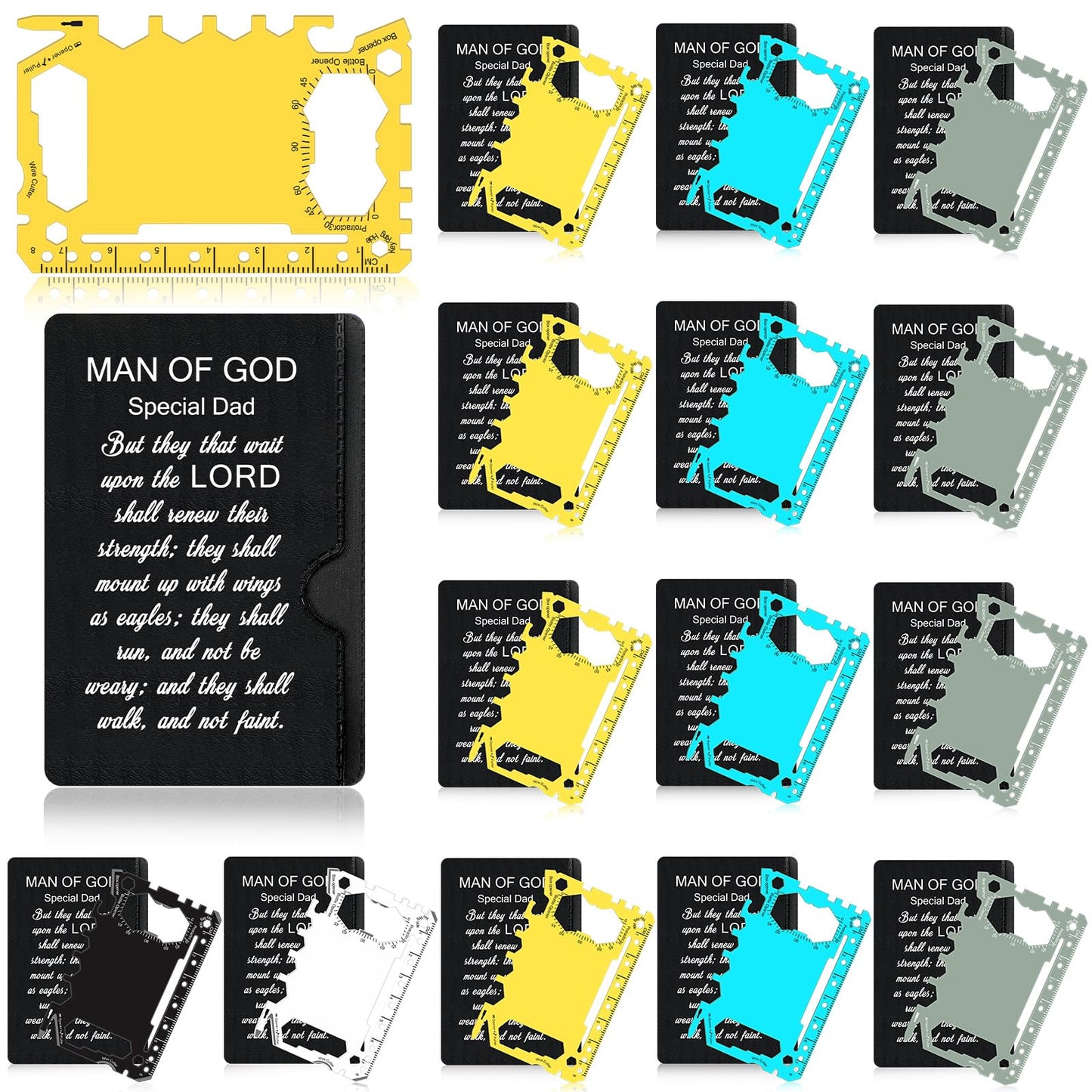 Otoolling 30 Pcs Fathers Day Church Gifts Bulk Man of God Gift Bulk Credit Card Wallet Multitool 46 in 1 Metal Stainless Steel Survival Pocket Tool Multipurpose with Bible Verse for Father