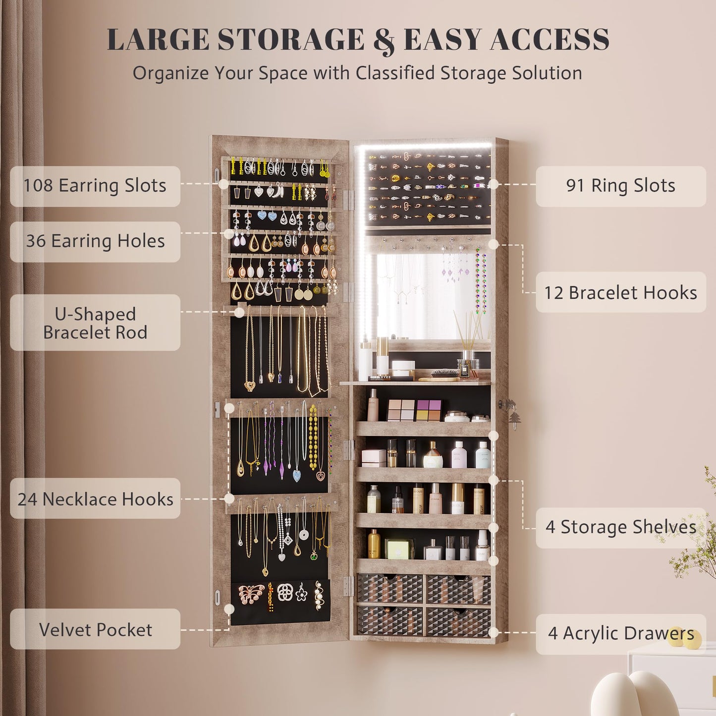 Vlsrka 47.2 Inch Full Length Mirror with Storage, Wall Mount Mirror Jewelry Cabinet, Over The Door Hanging Jewelry Armoire Organizer, Built-in Light, 4 Drawers, 5 Shelves, Christmas Gift (Wood)