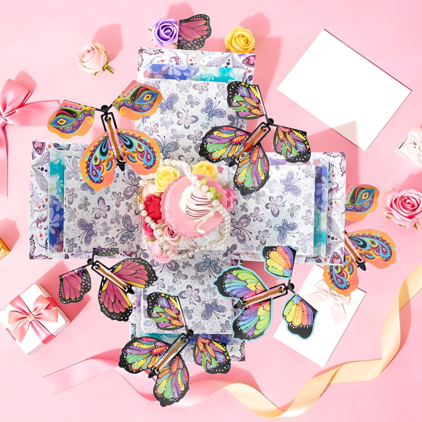 Explosion Mother’s Day Gift Box, Flying Butterfly Surprise Gifts Box, DIY White Included Butterfly Kit and Faux Rose Head for Birthday, Mothers Day Gifts & Fathers Day Gift, Weddings, Anniversaries