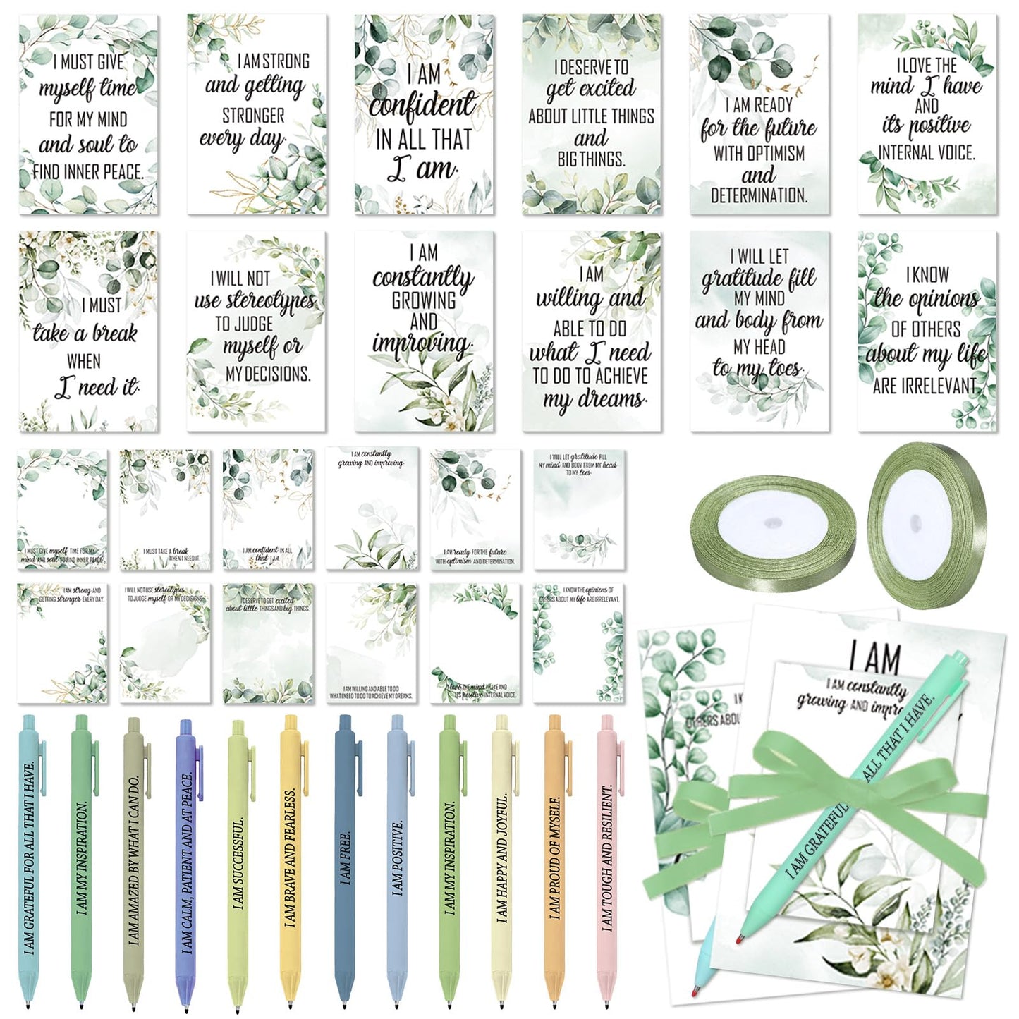 Maitys 24 Sets Thank You Teacher Appreciation Gift for Women Employee Positive Affirmation Gift Inspirational Sticky Note Greeting Cards Pen Ribbon Motivational Notepad for Coworker Office(Eucalyptus)