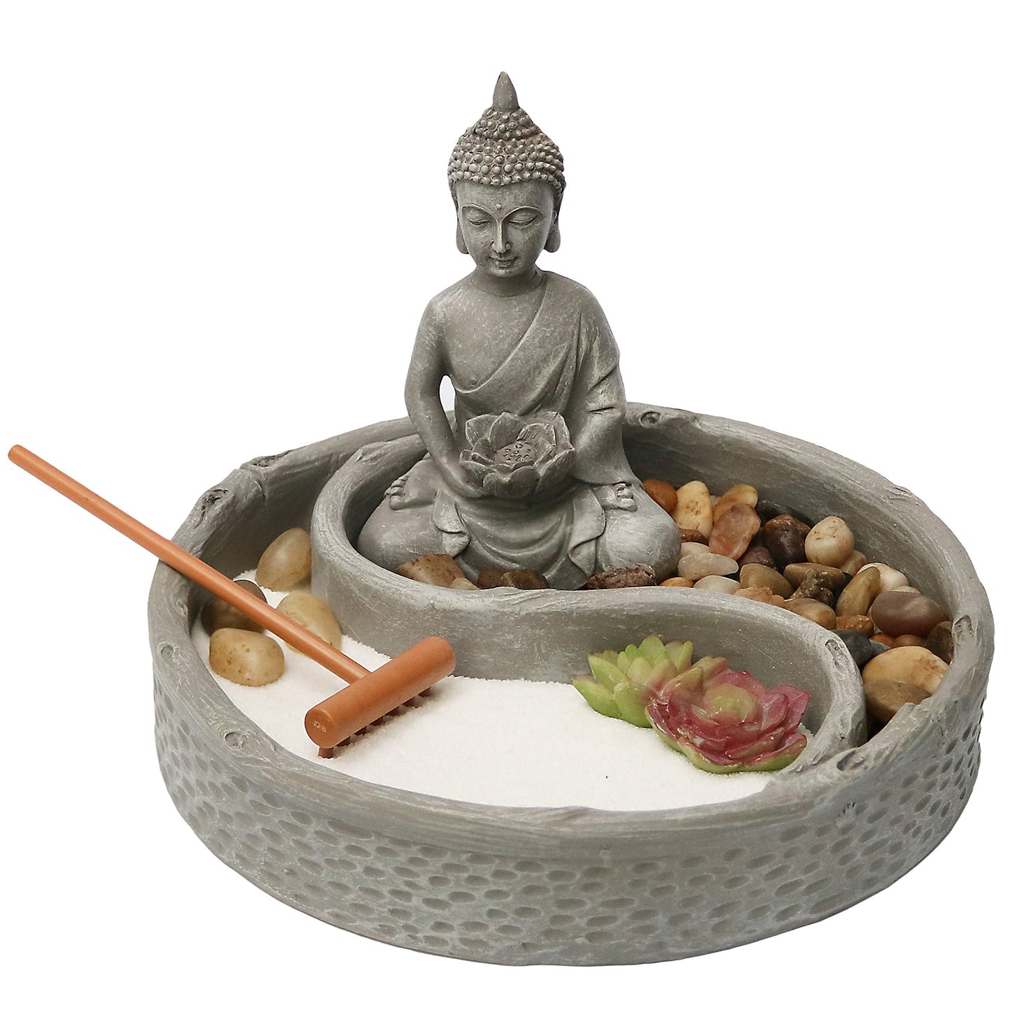Nature's Mark Mini Zen Garden Kit for Desk with Lotus, Buddha Figures, Rake and Natural Sand River Rocks Table/Desk Décor Gift Set for Home and Office 6 x 6 Inches Round Base