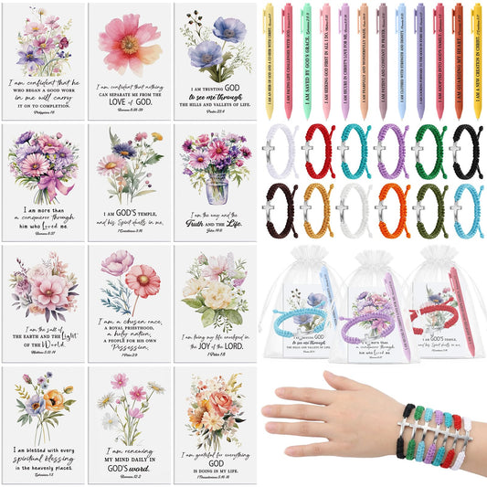 Pasimy 12 Set/48 Pcs Biblical Affirmation Gifts for Women Positive Affirmation Notebooks with Inspirational Pens Cross Bracelet Floral Christian Gift for Women Mother Church Member Party Favors