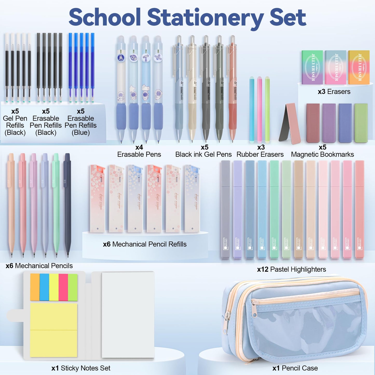 DazSpirit 61 PCS Aesthetic School Supplies with Cute Pencil Case, No Bleed Highlighters, Gel & Erasable Pens, Mechanical Pencils, Refills, Complete College Essentials Stationery Kit for Women