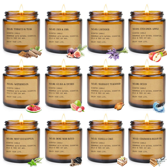 12 Pack Aromatherapy Candles for Home Scented, Aromatherapy Jar Candle Gifts for Women, Natural Soy Wax Amber Candle Set, Scented Candles Set for Birthday Present