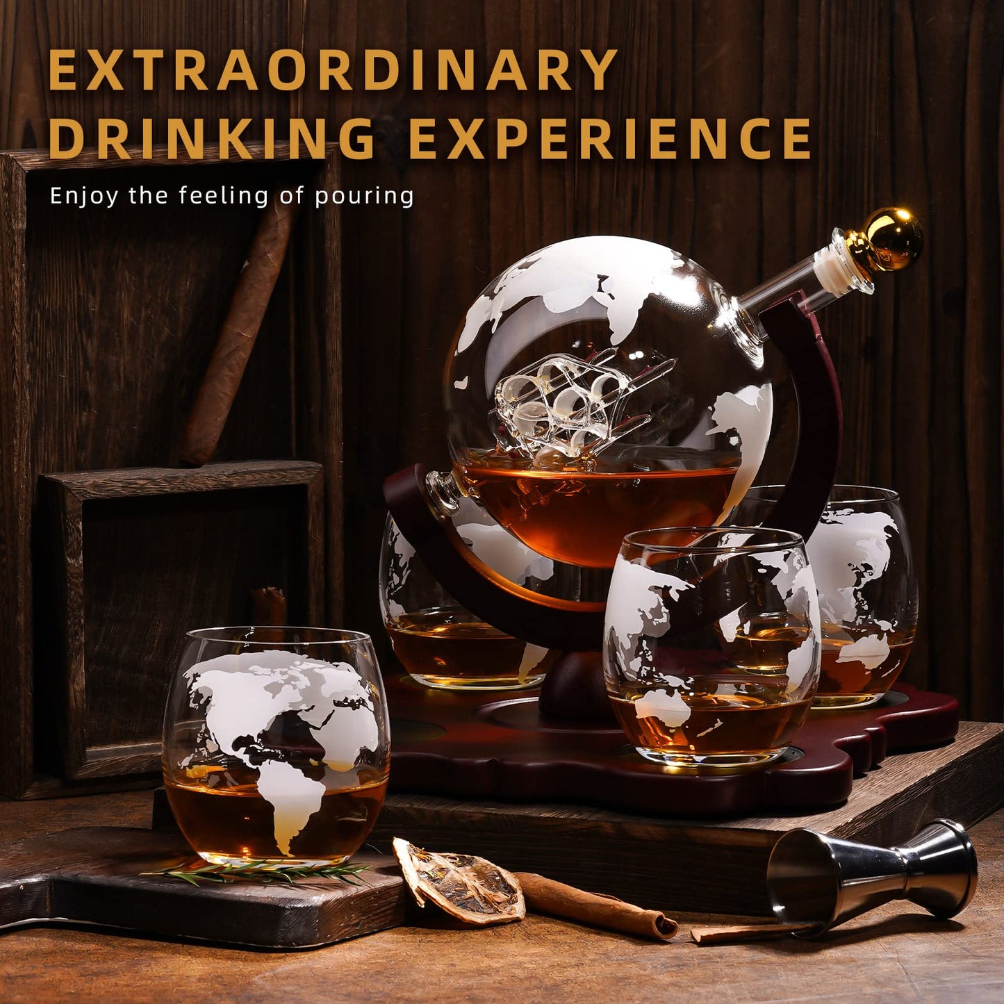 Gifts for Men Dad Husband Fathers Day, Whiskey Globr Decanter Set with 4 Etched Globe Glasses, Unique Anniversary Birthday Gifts for Brother Boyfriend, Cool Bourbon Whikey Gifts