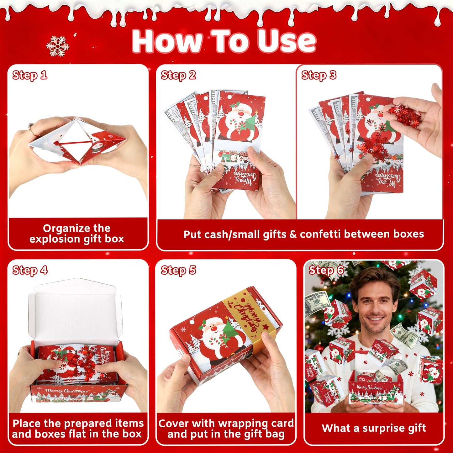 Sereliy Christmas Exploding Money Gift Boxes for Cash, 12 Pack Pop Up Surprise Money Box with Confetti, Merry Christmas Explosion Gift Box for Cash Giving, Fun Holiday Gifts Ideas for Kids Adults