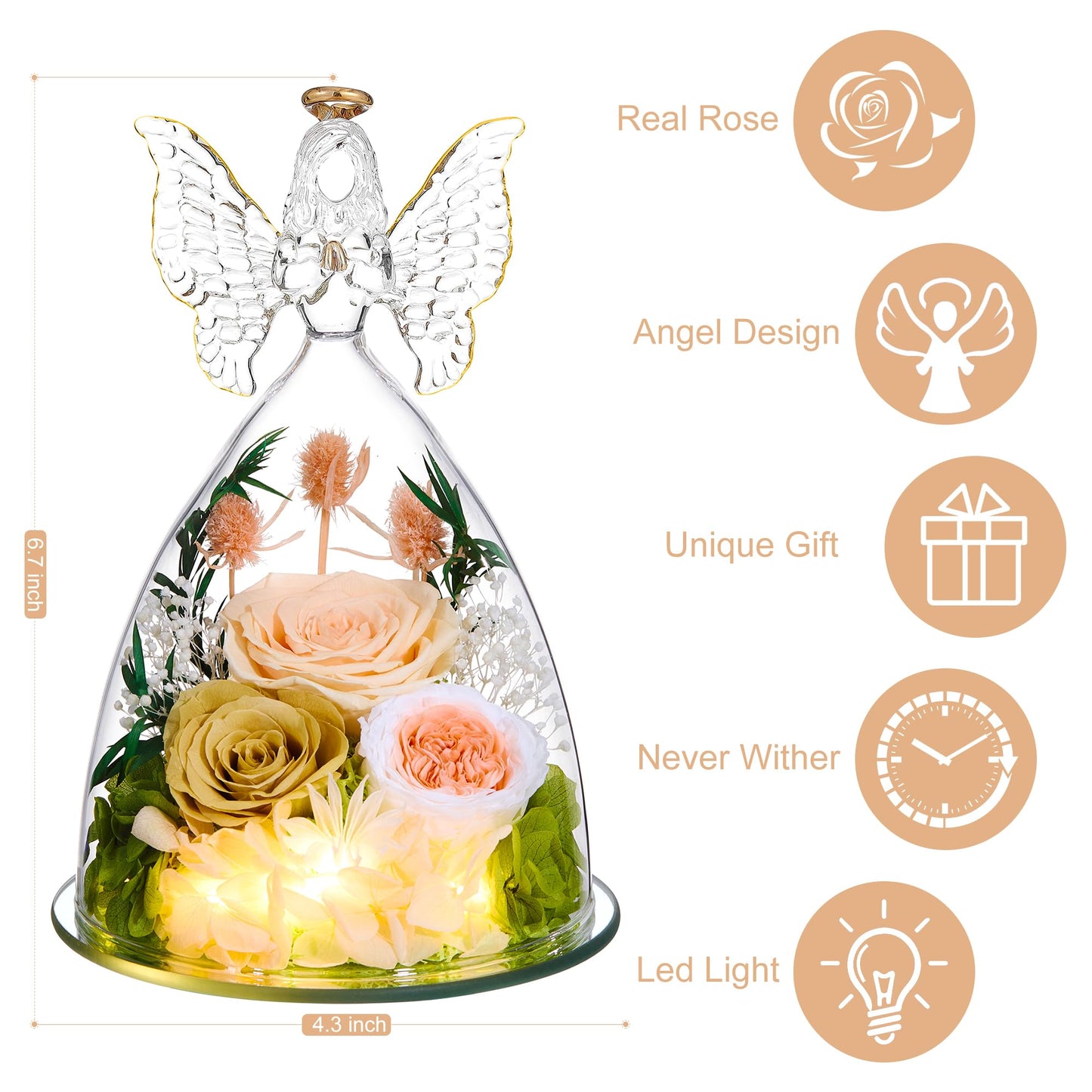 Tiaronics Mothers Day Rose Gifts for Women Preserved Real Flower in Glass Angel Figurines Roses for Delivery Prime Birthday Gifts for Mom Grandma Girlfriend Wife Her, ChampagneGold Austin