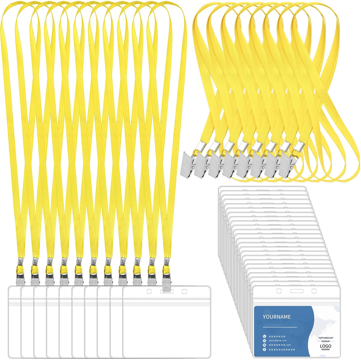 100 Pcs Lanyards for ID Badges and 100 Pcs Clear Name Tag Holders Reusable Lanyard with Clip Plastic ID Card Badge Holder Name Badges for Adults Kids Business School Office Supplies (Yellow)