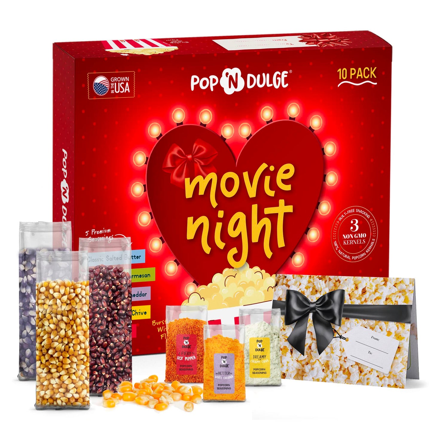 Mothers Day Gifts Movie Night Popcorn Gift Set, Mothers Day Gifts For Wife, 10 Piece Set, 5 Gourmet Popcorn Kernels and 5 Popcorn Seasoning Flavoring, Kosher, Non-GMO Movie Night Gift Baskets Gift Idea For Mom, Wife, Daughter