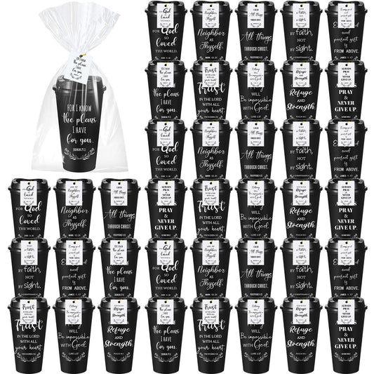 LemonRoad 40 Sets Christian Gifts Bulk 16oz Reusable Bible Verse Coffee Cups with Lids Cards and Gift Bags Inspirational Religious Gifts for Church Party (Black)