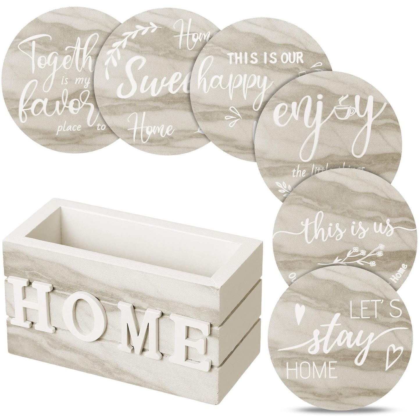 Queekay Coasters Set of 6 House Warming Gifts New Home Wooden Farmhouse Drink Coasters with Holder 4'' Funny Decoration for Kitchen Family Coffee Bar Tabletop Protection(Brown Marble)