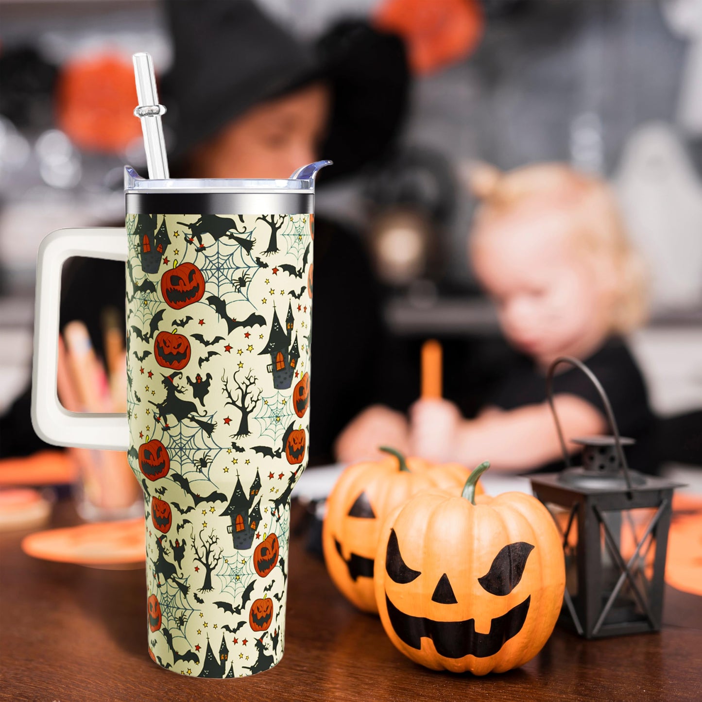 mvhsuoem 40 oz Pumpkin Tumbler with Handle Lid and Straw - Double Stainless Steel Insulated Halloween Cup - Gifts for Women