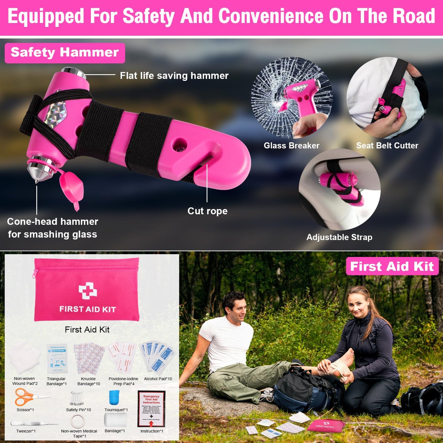 vioview Roadside Emergency Car kit for Vehicles, with 4 in 1 Inflatable Car Vacuum Cleaner, Pink Jumper Cables, First Aid Kit, Tow Rope, Vehicle Road Trip Must Haves Pink Accessories for Women