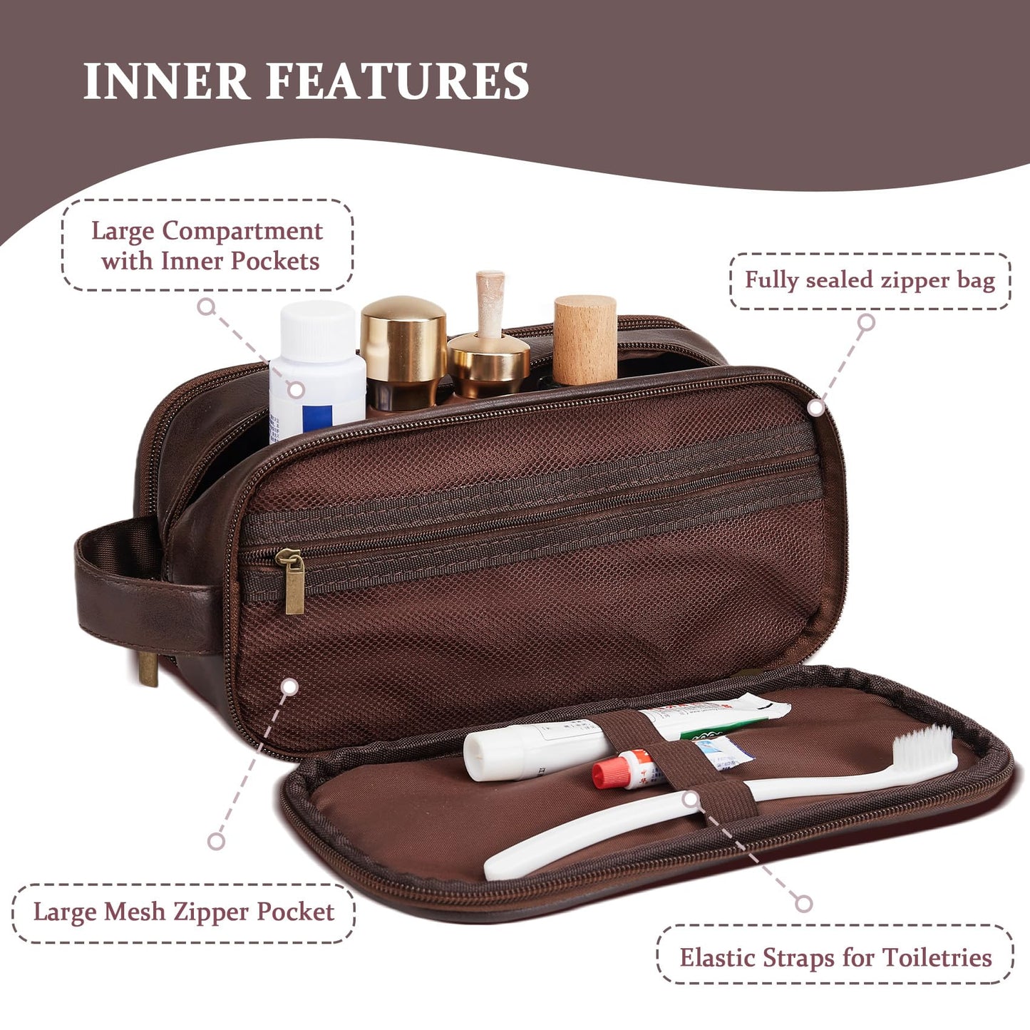 Janhavi Travel Essentials Toiletry Bag, Waterproof PU Leather Initials & Wheat, Groomsmen Gifts, Men's Accessories Organizer, Travel Bags for Men, Birthday Gift Box for Men (Medium, Dark Brown, O)