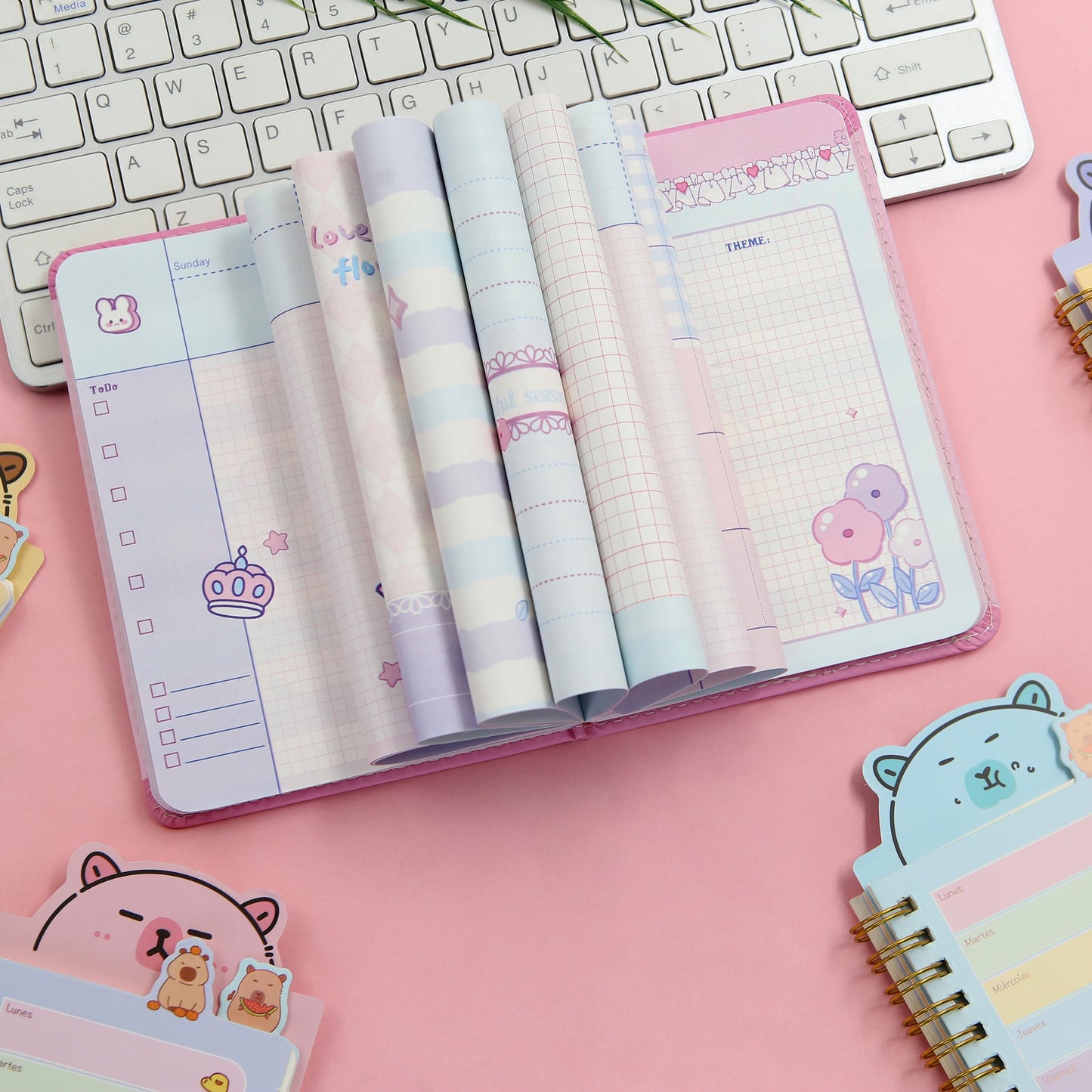 2 in 1 Plush Capybara Theme Stationery Gift Box Set,A6 Cute Pink Cartoon Animal Capybara Notebook Journal Memo Pads Notepad Soft Furry Diary with Pen Small Bag for Birthday Kids Girls Office School
