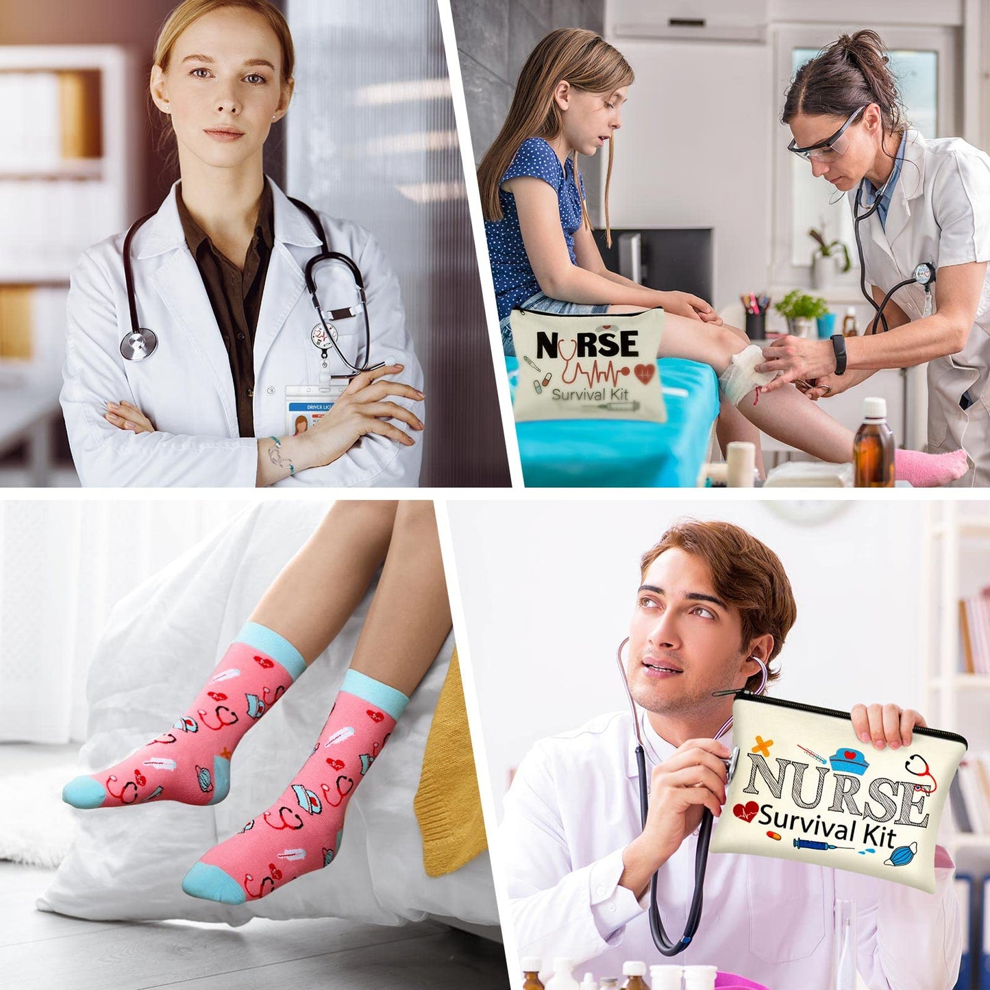 Hotop 36 Pcs Nurse Survival Kit 2026 Nurse Week Gifts Appreciation Gifts Bulk Badge Reel Makeup Bags Socks Headbands Notepads with Pen CNA Accessories for Nursing Doctors Medical Assistant Students
