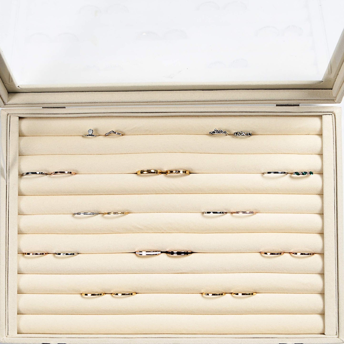 Frebeauty Rings/Earrings Organizer Tray with Clear Lid 10 Slots Velvet Drawer Insert Jewelry Storage box with Glass lid Jewelry Display Case Showcase Gift for Girls Women (Beige, 10 Slots)