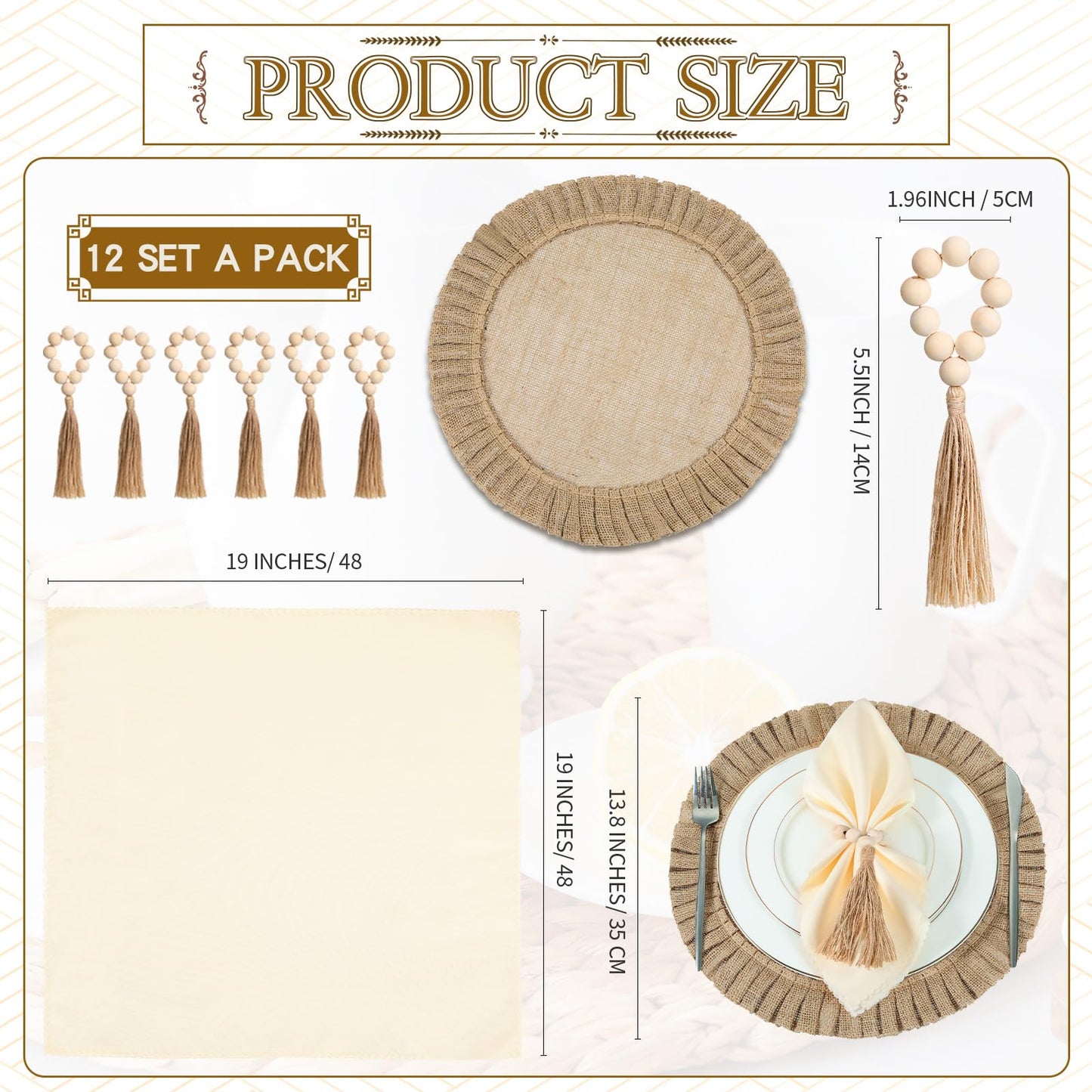 Gejoy Round Burlap Placemats Wood Bead Napkin Rings with Dinner Napkins Cloth, Jute Heat Resistant Placemats Boho Wooden Rings for Plates Wedding Dining Table(36 Pcs)