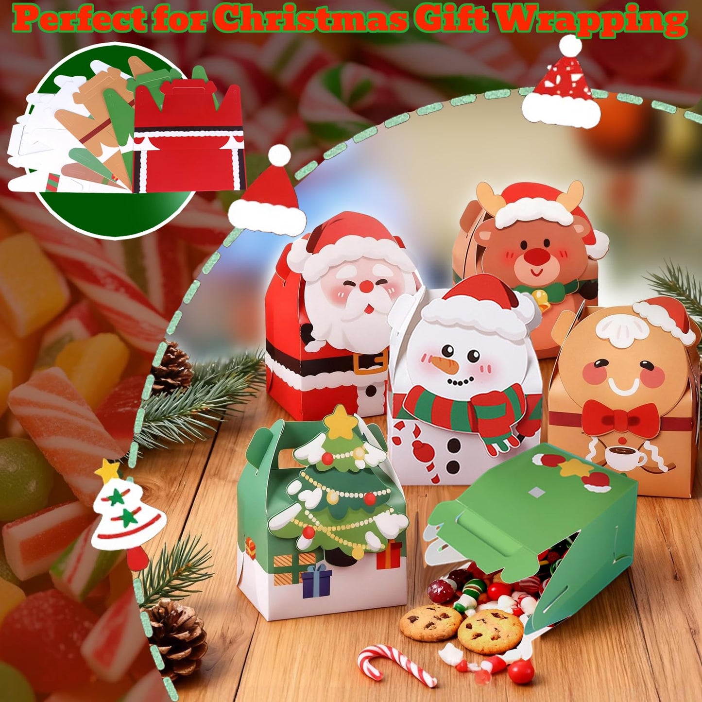 Muswarm 24 PCS Christmas Small Gift Boxes, Xmas 3D Cartoon Paper Boxes for Presents with Handles, Candy Treat Cookie Box, School Classroom Holiday Party Favor Supplies, 6 Designs
