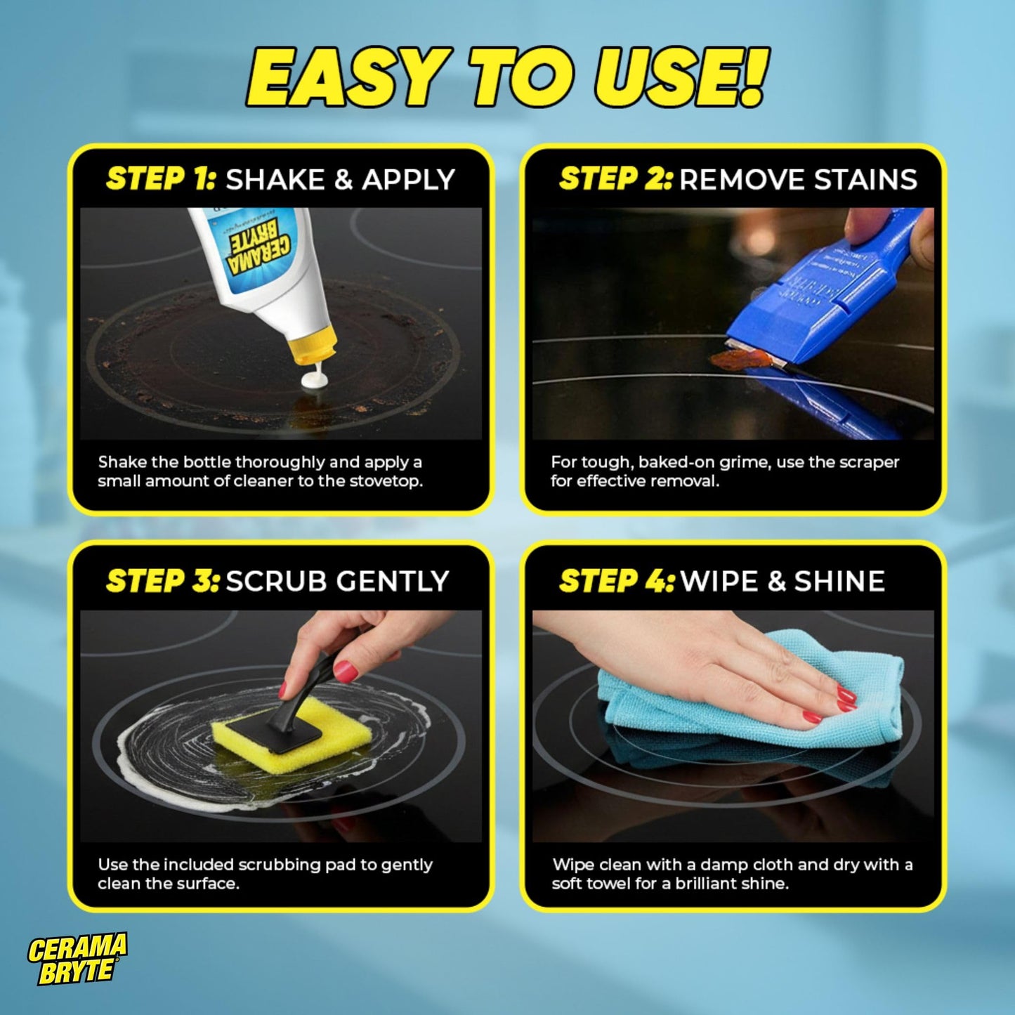 Cerama Bryte Glass Cooktop and Stove Top Cleaner Combo Kit - Includes Cleaning Tool, Razor, Scraper and 1 Pad to Remove Tough Stains - Use on Gas, Electric, Ceramic Surfaces, 18 Ounces, 4 Piece
