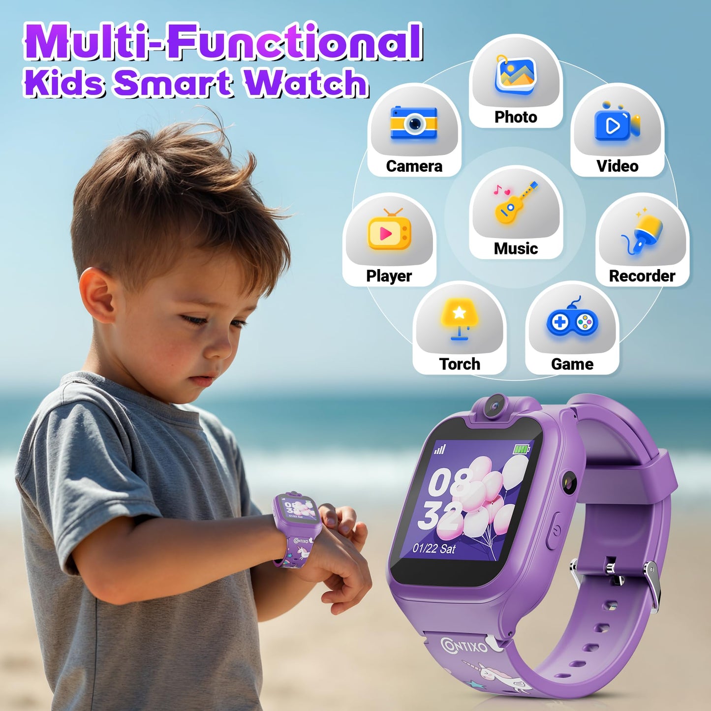 Contixo KW01 Smart Watches for Kids, Purple 1.54" HD Touch Screen Educational Smartwatch Toy with Games Camera Video Recorder Calculator Flashlight Music Player Gift for 3-12 Years Old Boys Girls