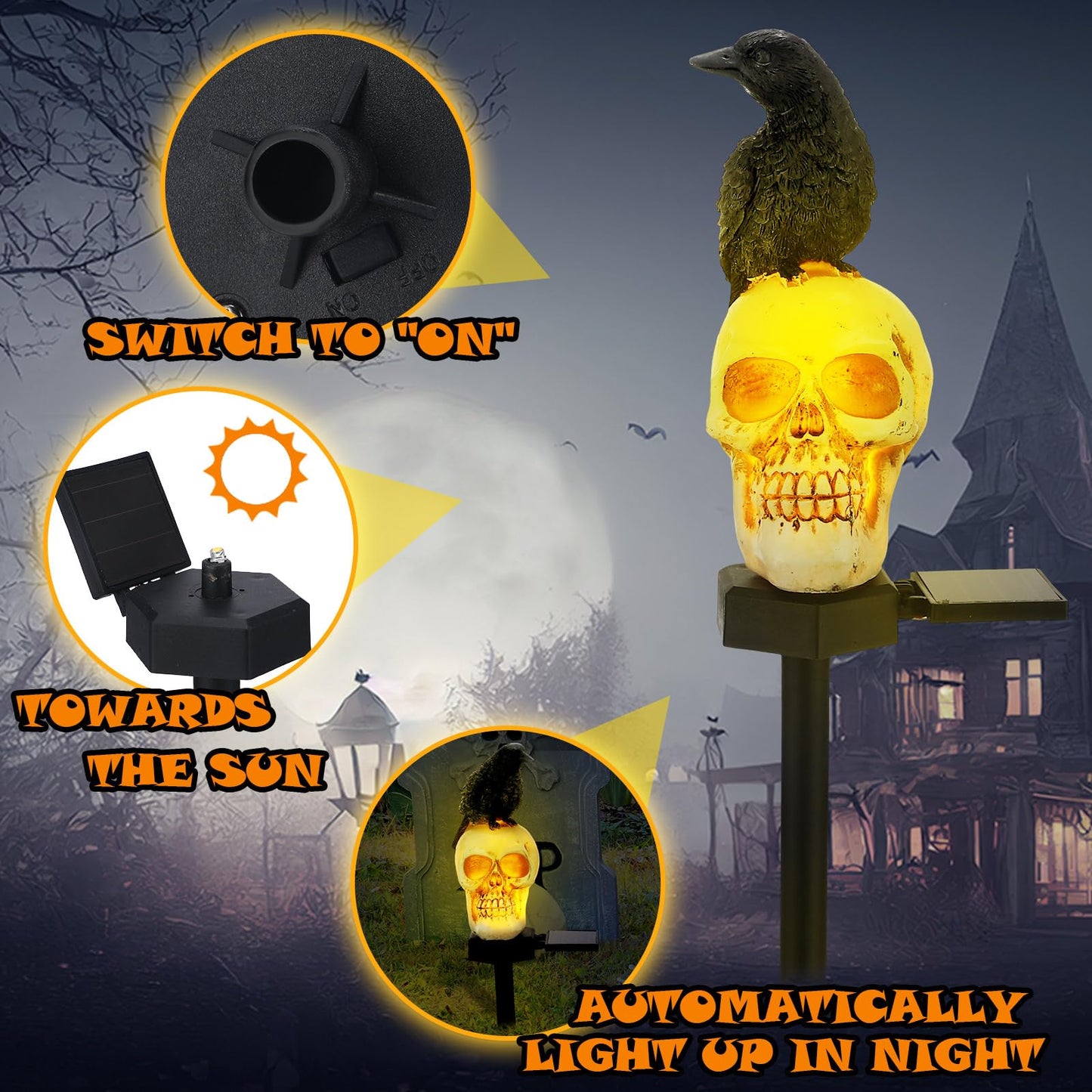 Retisee 2 Pcs Halloween Garden Decor Solar Skull Lights with Black Crow on Skull Waterproof Solar Skeleton Lights Outdoor LED Light up Skeletons Halloween Outdoor Decor for Garden Pathway Lawn Yard