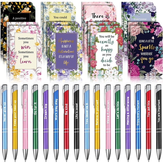 Funrous 32 Pcs Motivational Quote Pens Inspirational Notepads Mini Journal with Ballpoint Pen Small Notebooks Gift Set for Men Women Coworkers, Adult Party Favors Christmas Prizes Gift(Motivational)