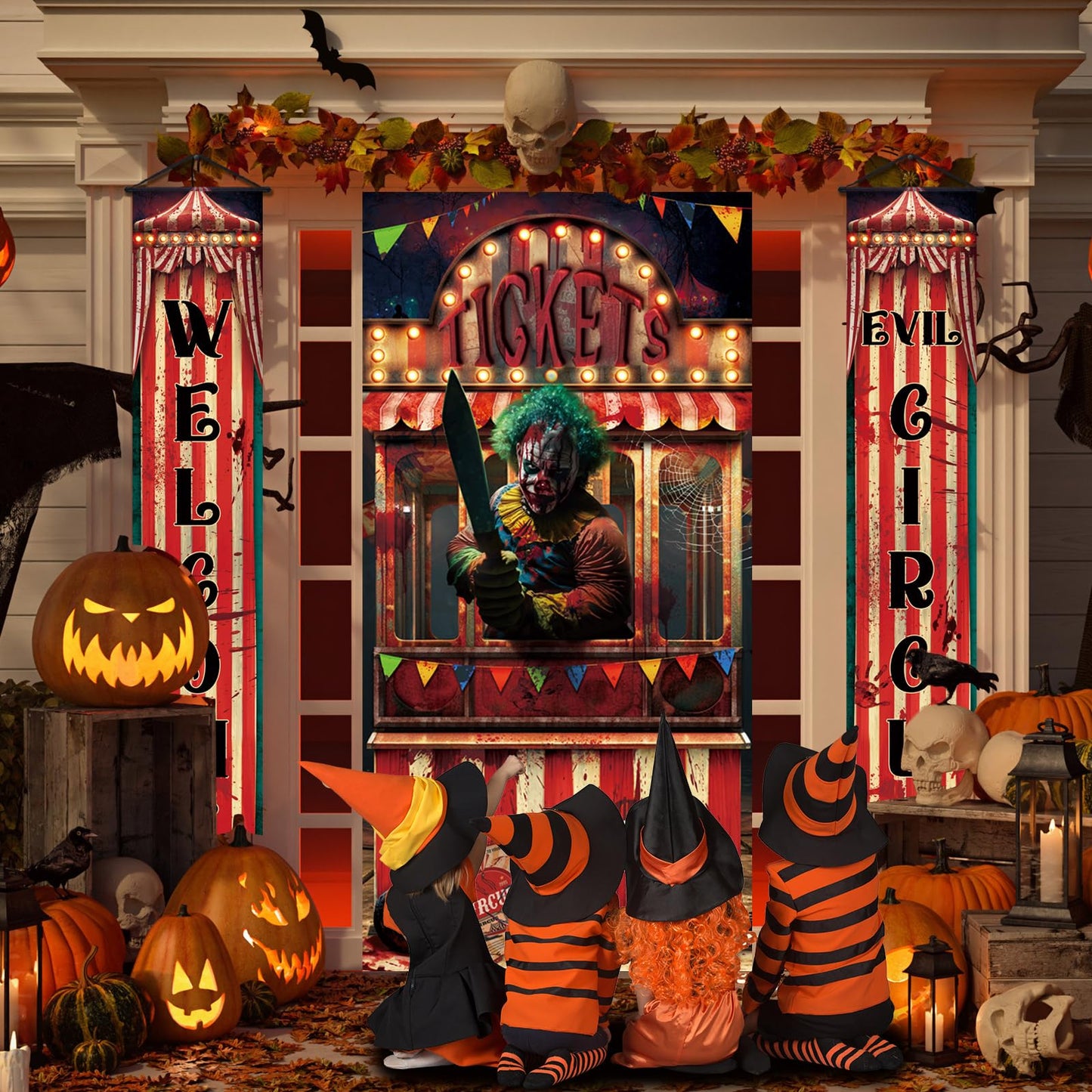 WovWeave 3 Pcs Halloween Creepy Carnival Decorations Include 2 Evil Circus Porch Banner and Scary Ticket Booth Circus Theme Door Cover for Halloween Backdrop Hanging Theme Party Outdoor Decorations