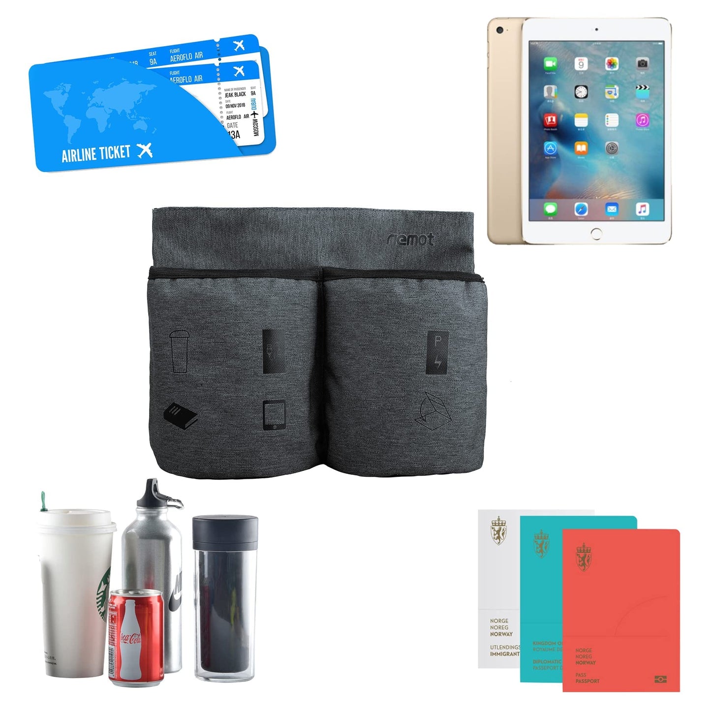 riemot Luggage Travel Cup Tablet Holder - Hold Books Passports Tickets Water Bottles - Fits Roll on Suitcase Handles - Gifts for Flight Attendants Travelers Accessories Grey