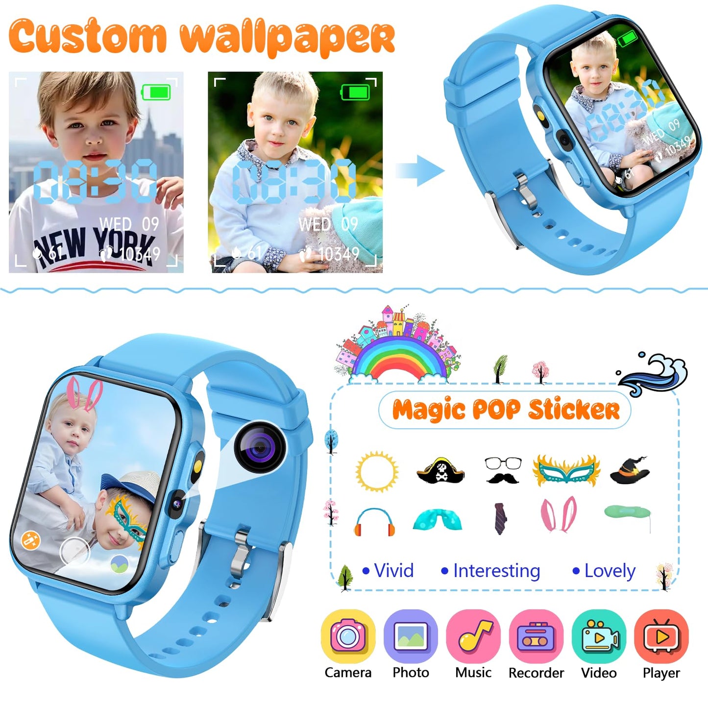 Kids Smart Watch Boys and Girls, Smartwatch with Alarm Clock, Camera, Games, Music, SOS, 24/7 Health Monitor, 100+ Sports Modes, IP68 Waterproof, Children Watches Birthday Gift for Kid Ages 4-12