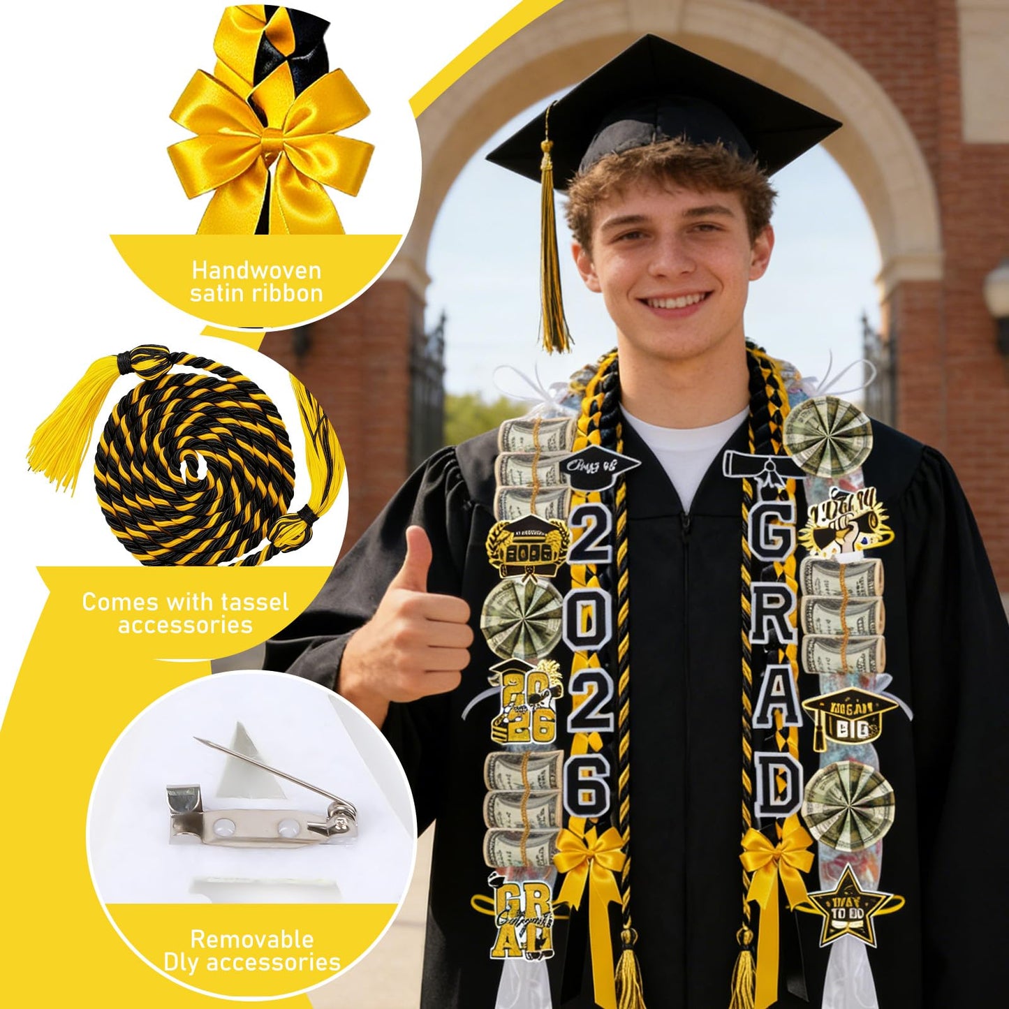 Hamdwerk Candy Leis for Graduation 2026, 36Pcs Graduation Leis Class of 2026, Graduate Ribbon Lei Making Kits with Honor Cord Patches Cards, Black Gold Double Lei Necklace Decorations Graduation Gift