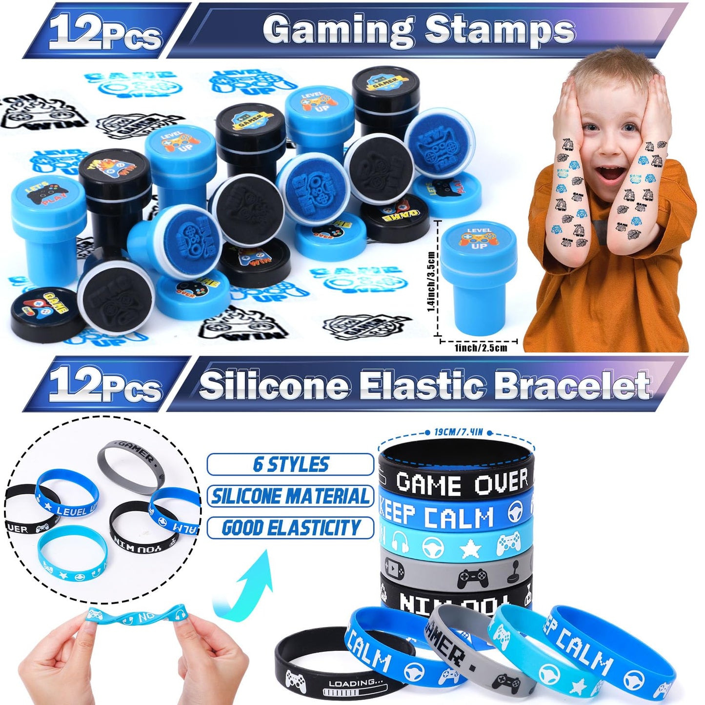 Mishopy 84Pcs Video Game Party Favors Birthday Supplies Kids Boys Invisible Ink Pen Notebook Silicone Bracelet Stamper Tattoo Sticker Gaming Toy Gift Bag Goodie Bag Stuffers Gamer Party Favors
