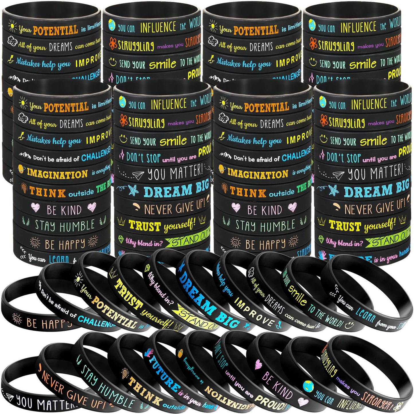 Bucherry 120 Pcs Motivational Silicone Wristbands Bulk Inspirational Rubber Unisex Bracelets with Positive Quotes for Student Teacher Classroom Reward Party Favors School Church Gifts(Black)