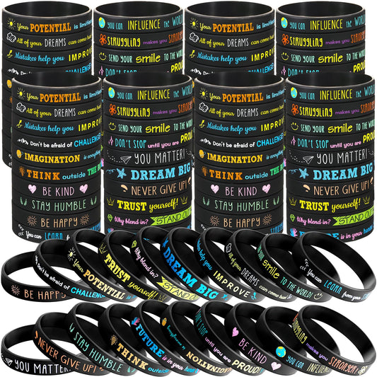 Bucherry 120 Pcs Motivational Silicone Wristbands Bulk Inspirational Rubber Unisex Bracelets with Positive Quotes for Student Teacher Classroom Reward Party Favors School Church Gifts(Black)