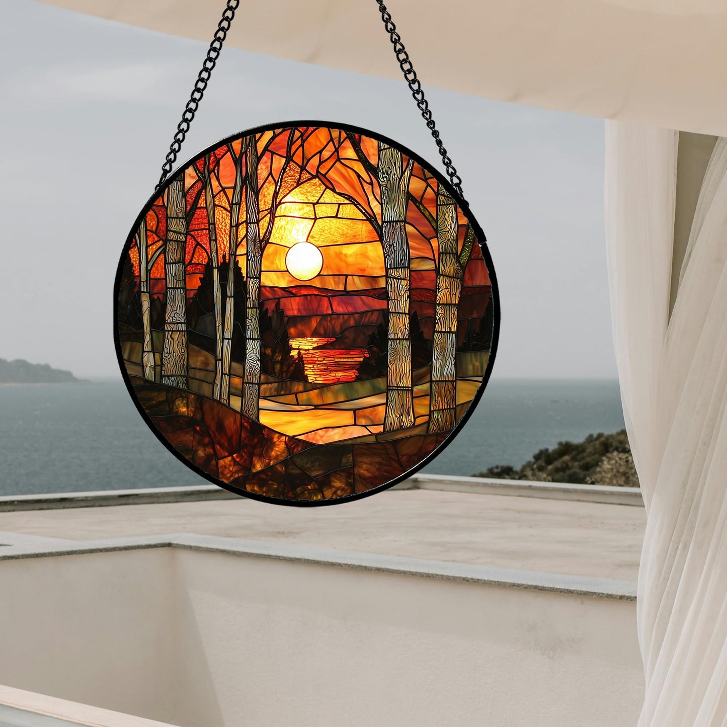 JOSUMALY Stained Glass Window Hanging, Orange Red Landscape Forest Lake Moon Suncatcher for Doors Window Home Sun Catchers Decor Mother's Day Birthday Gifts for Women Men Mom 7.8 in