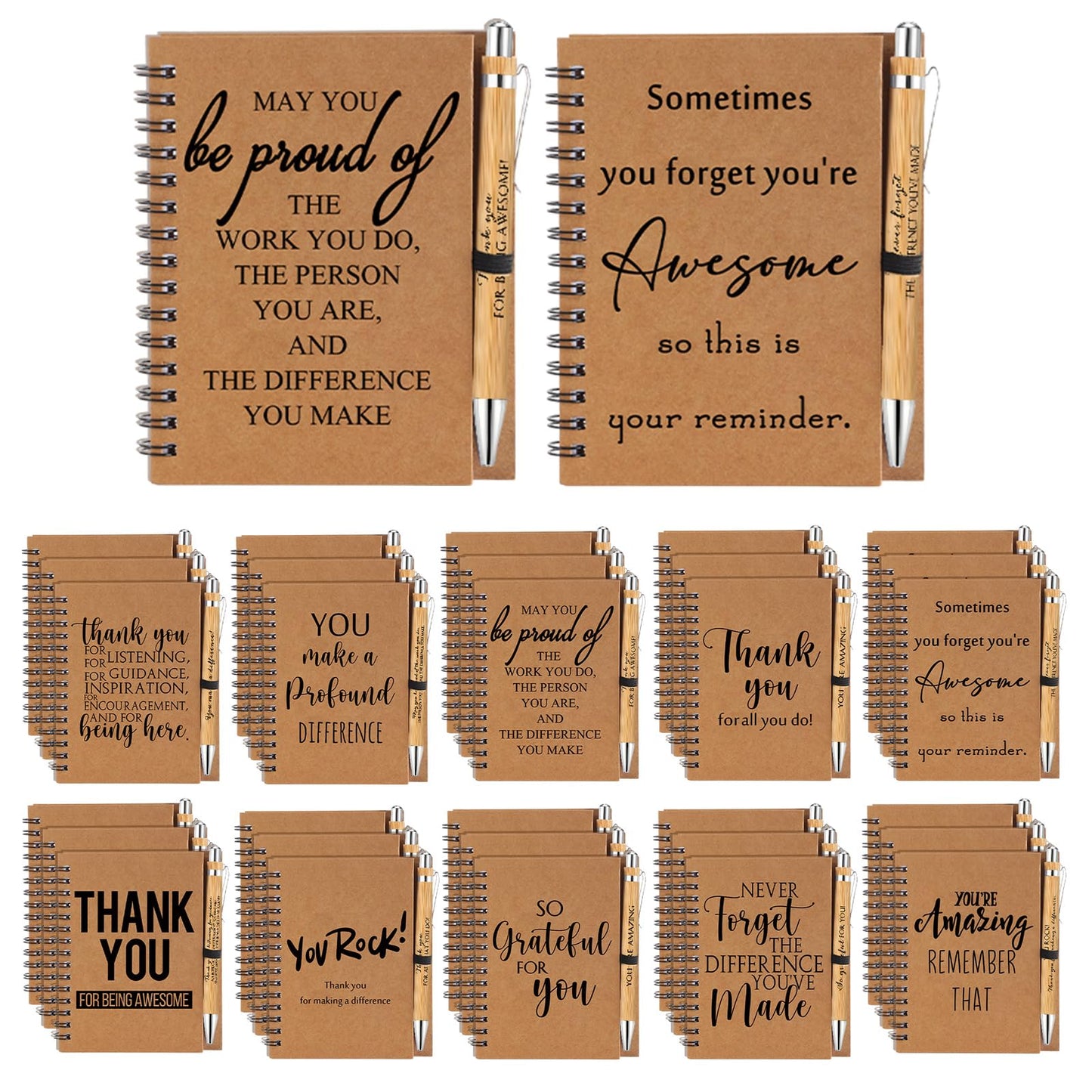 Honoson Spiral Notebooks Sets Teacher Appreciation Gifts Bulk Inspirational Journals with Retractable Bamboo Pens Encouragement Notepad Thank You Gifts for Staff Employee Coworker(30 Sets)