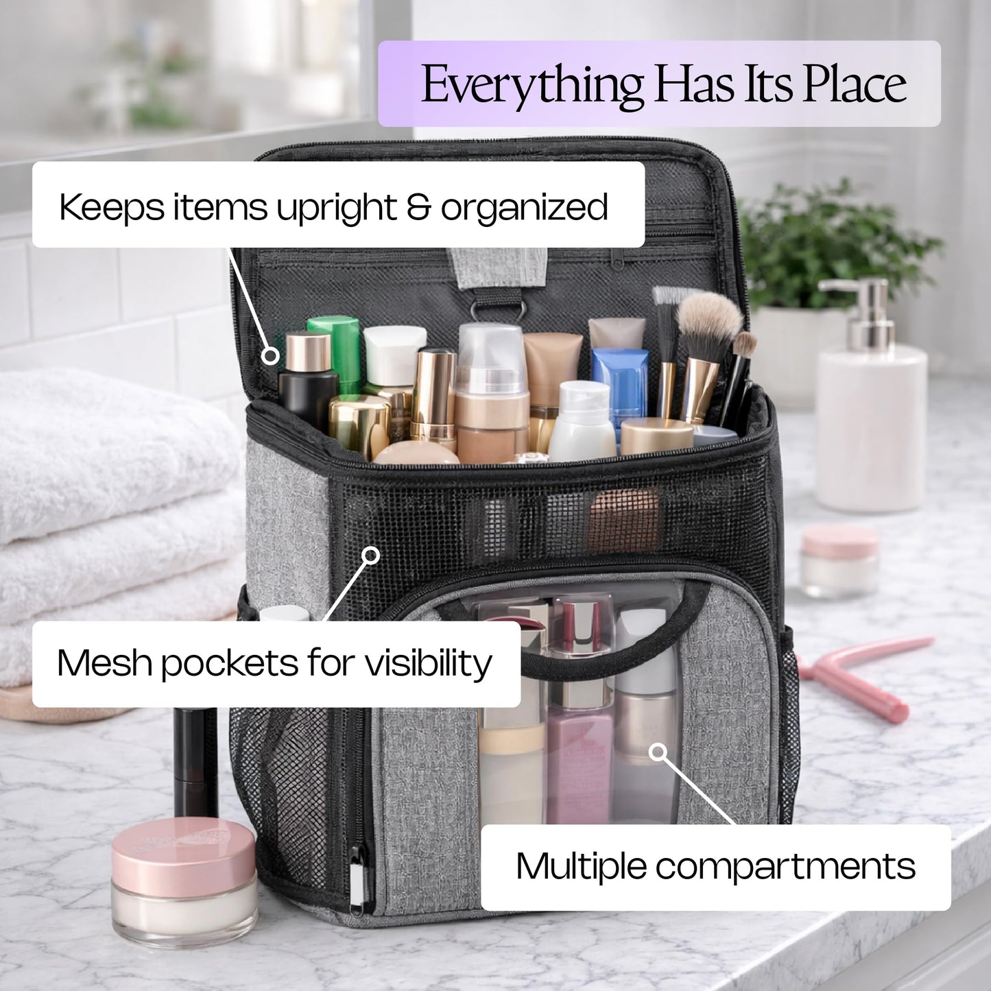 Opaal 11” Tall Vertical Makeup Organizer Bag – Professional Hairstylist Travel Bag for Hair Tools & Hairspray – Large Standing Waterproof Cosmetology Case for Full-Size Toiletries & Bottles