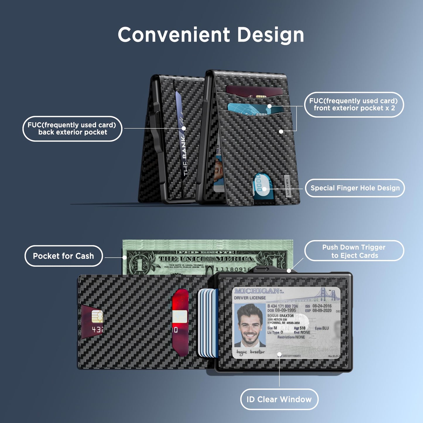 umoven Wallet for Men - Pop Up Case, Cash Slot, and Credit Card Slot - Slim Aluminum Wallet with RFID Blocking, Minimalist Leather Wallet Front Pocket with ID Window (Carbon Fiber)